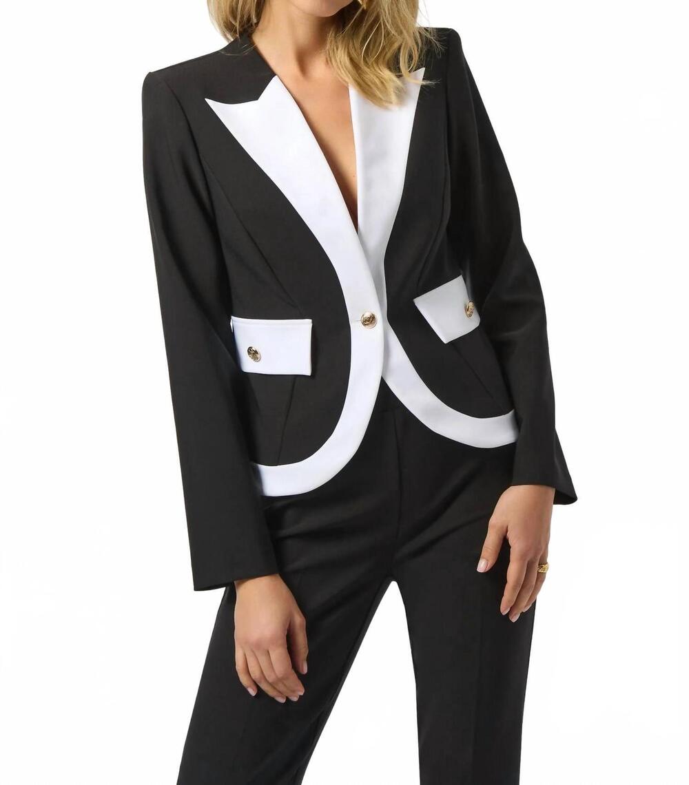 NEW JOSEPH RIBKOFF contrast trim v-neck blazer jacket in black/off-white